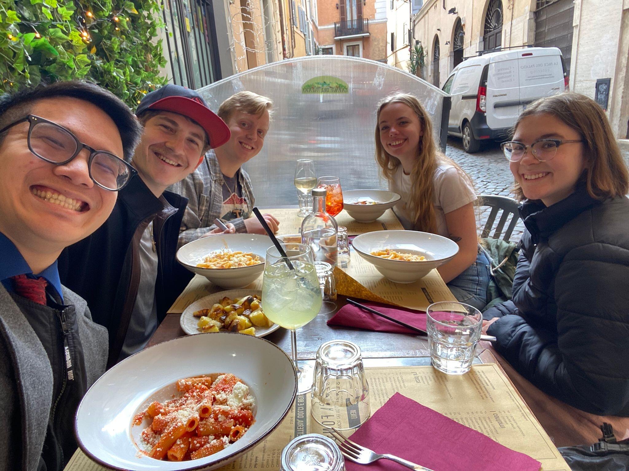 We start talking after being in the same tour group and go to lunch with friends