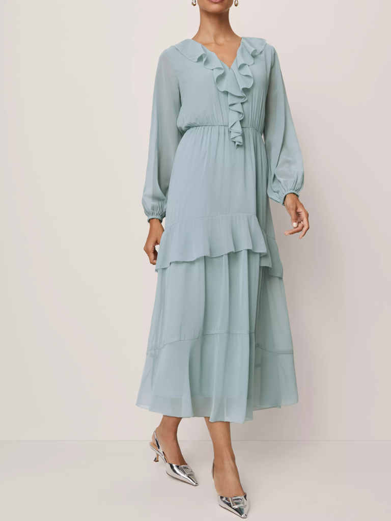 Ann Taylor light blue ruffle midi petite wedding guest dress for over 50s