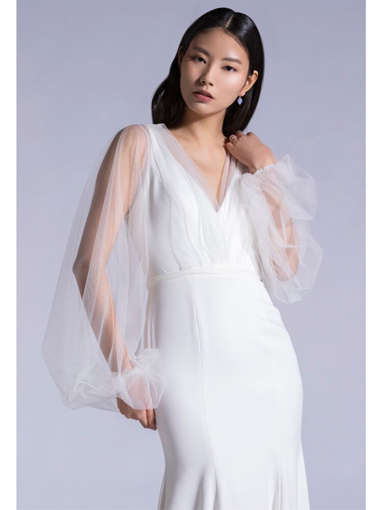 Watters fit-and-flare wedding dress with organza ballon sleeves