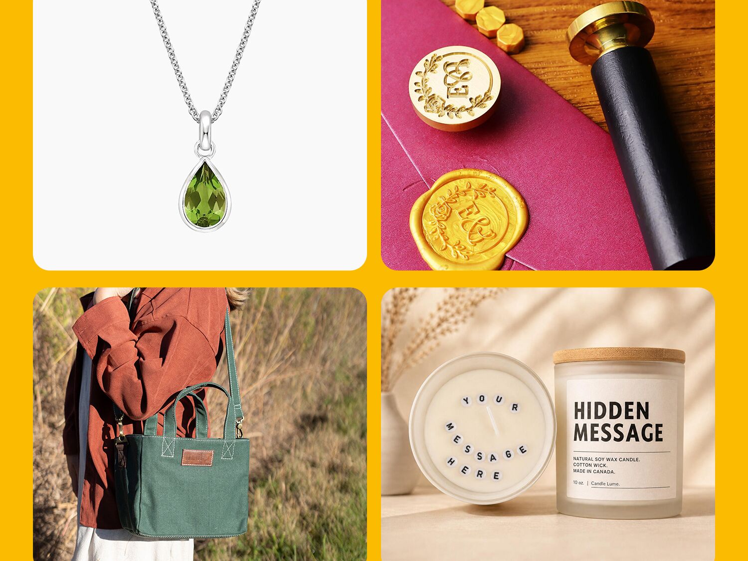 16-year anniversary gift ideas: peridot necklace, wax seal, hidden message candle, tote bag