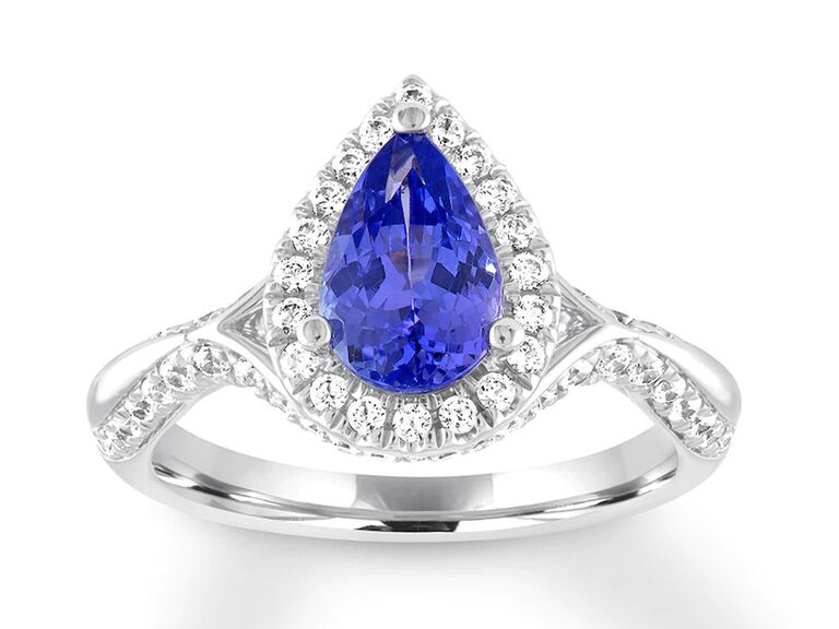 kay tear dropped shaped tanzanite engagement ring with tear drop shaped round diamond halo and round diamond sides