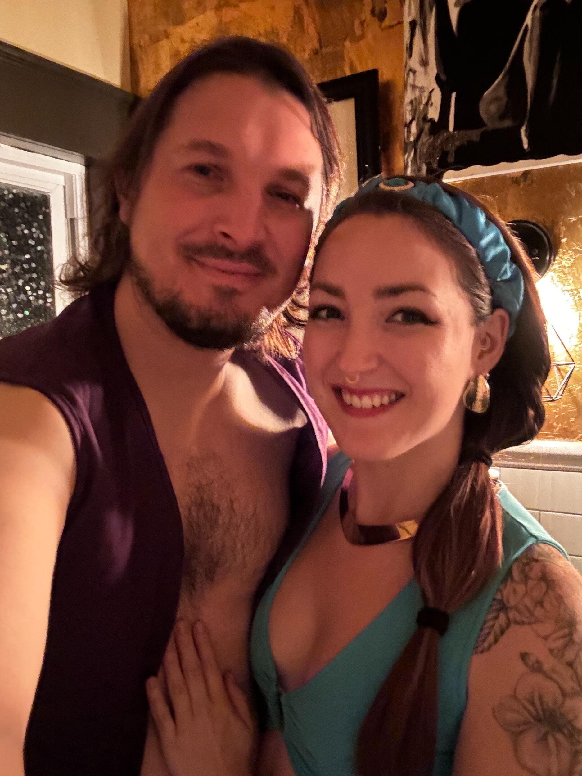 Our first Halloween together. We won our first Halloween award together as best dressed costume couple. We went as Princess Jasmine and Aladdin. 