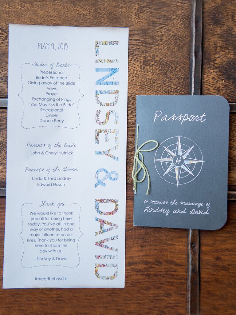 Travel-themed wedding program and passport stationery