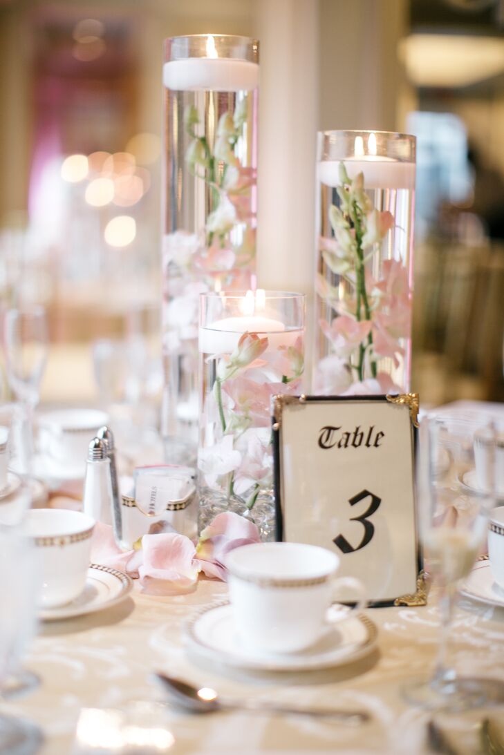 Floating Candle Centerpieces with Blush Orchids and Rose 