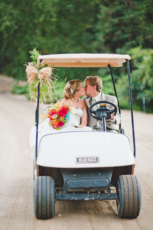 Bride and groom golf cart "just married" sendoff