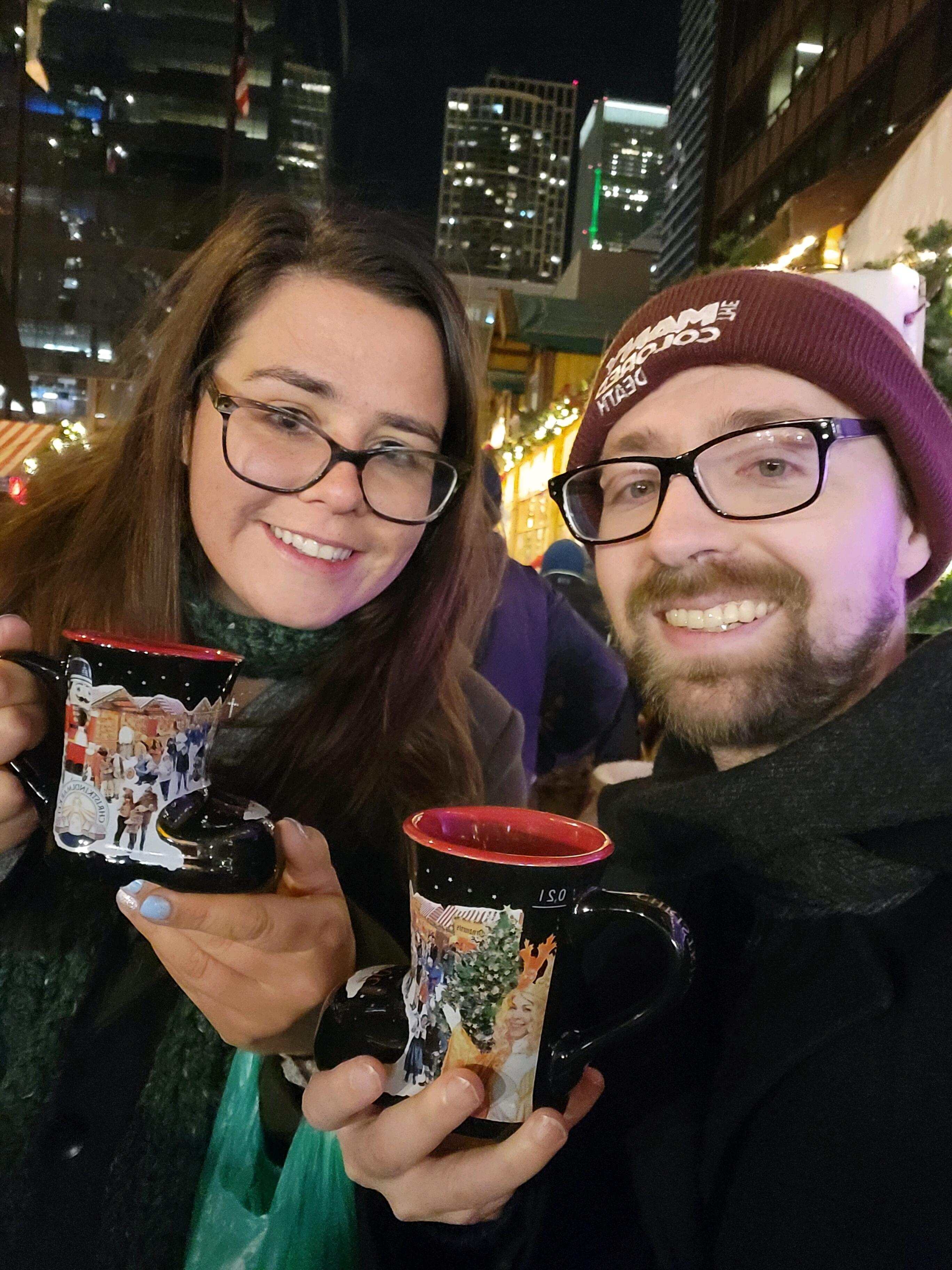 First Christmas together up in Chicago in the Christmas village with matching boot mugs.