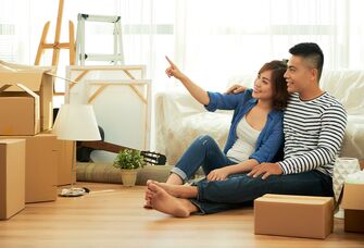 Couple sitting on the floor of their new home