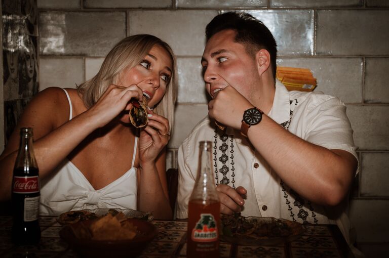 Engagement photos - eating tacos at La Cocina in West Chicago.