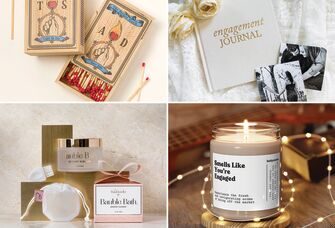 Four engagement gifts for sister: personalized matchboxes, engagement journal, candle, jewelry cleaning kit