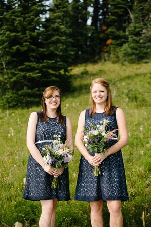 wildflower bouquet bright purple bridesmaid navy lace dresses