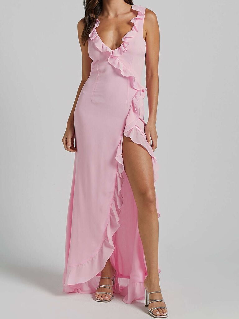 Runaway the Label pink ruffle backless wedding guest dress