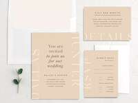 Minimalist and modern wedding suite with invitation, details card and RSVP card in light brown