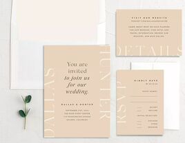 Minimalist and modern wedding suite with invitation, details card and RSVP card in light brown