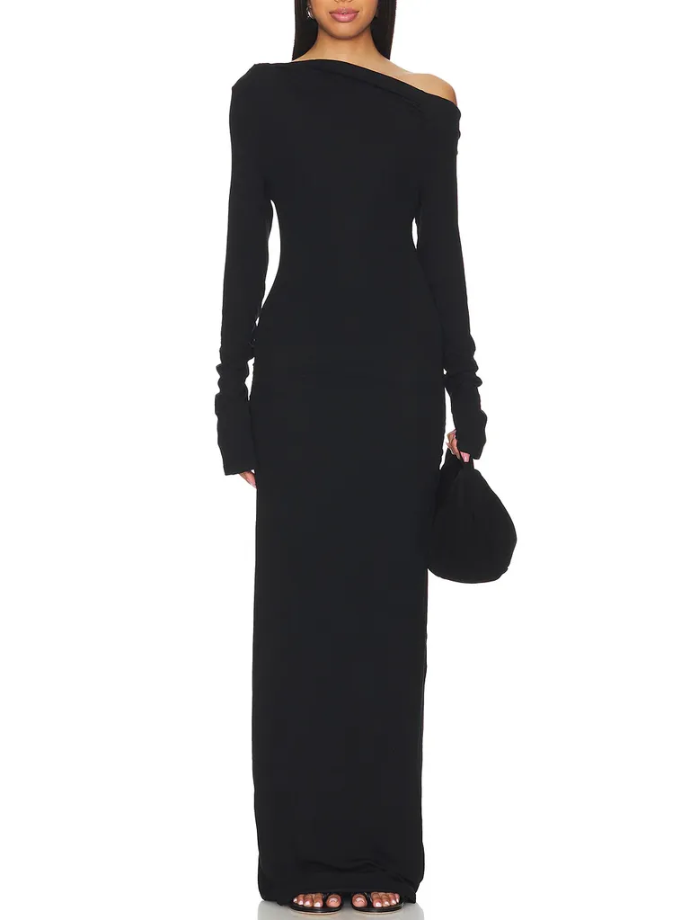 Black asymmetric maxi wedding guest dress winter from REVOLVE 