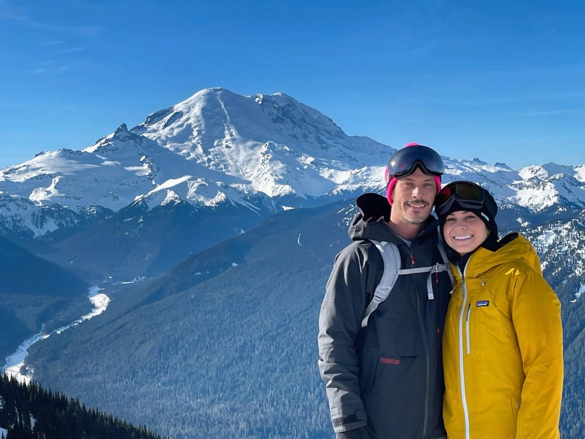 Their first trip to Crystal Mountain was nothing short of adventurous. Haley, fearless on her skis, carved her way down the slopes while Kyle did his best to keep up—occasionally pausing to ‘check the view’ (and maybe catch his breath). The day perfectly captured their shared work-hard, play-harder mentality. With more than a sprinkle of friendly competition, it was the kind of adventure that fuels their love for the many hobbies they enjoy together—whether on the mountain, at concerts, traveling, watching sports, playing on their co-ed softball team, bowling, golfing, playing cards, going to the movies, or spending time with family. No espresso martini was harmed during this outing. 