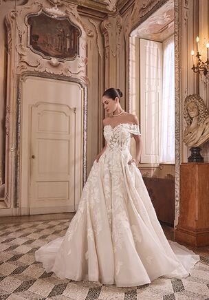 Organza Ball Gown with Portrait Collar and Box Pleating on Skirt