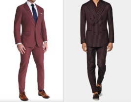 Collage of two burgundy suits for wedding 