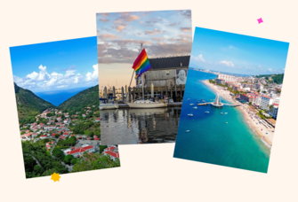 Collage of LGBTQIA+ honeymoon destinations in the US and abroad