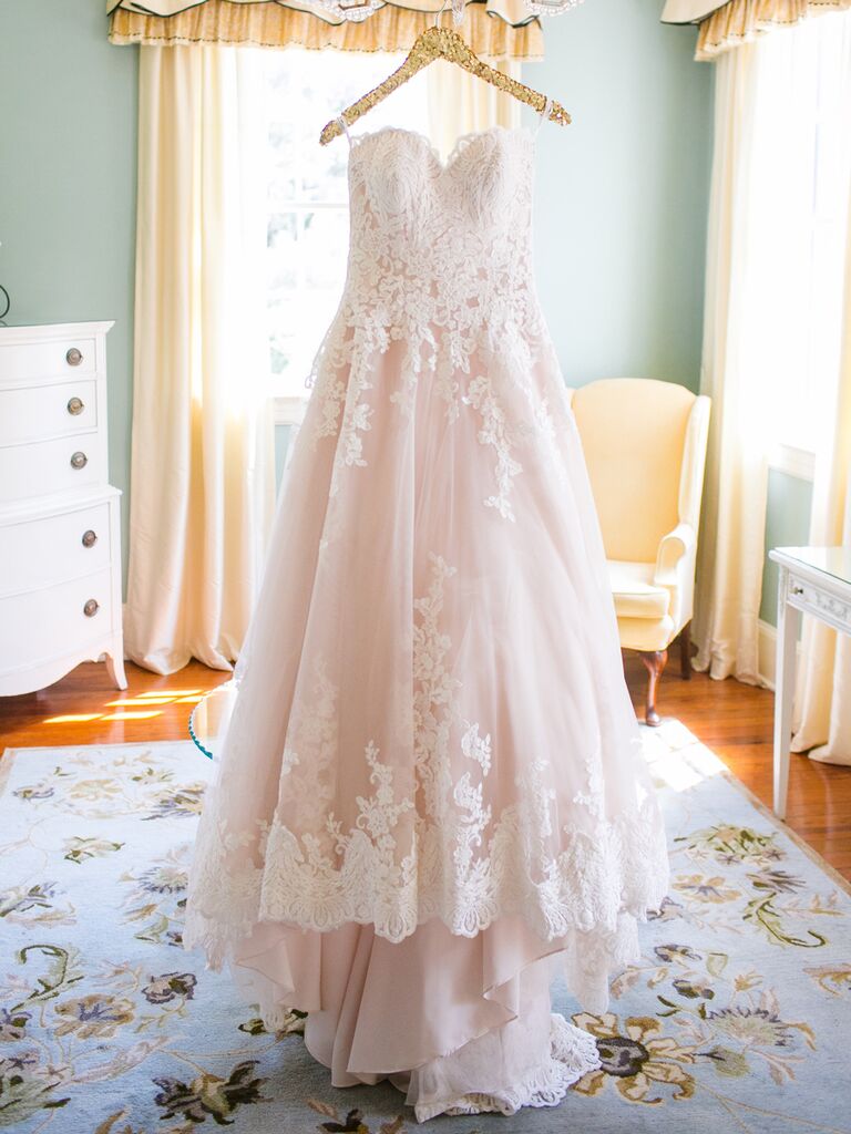 pink wedding dress with sleeves