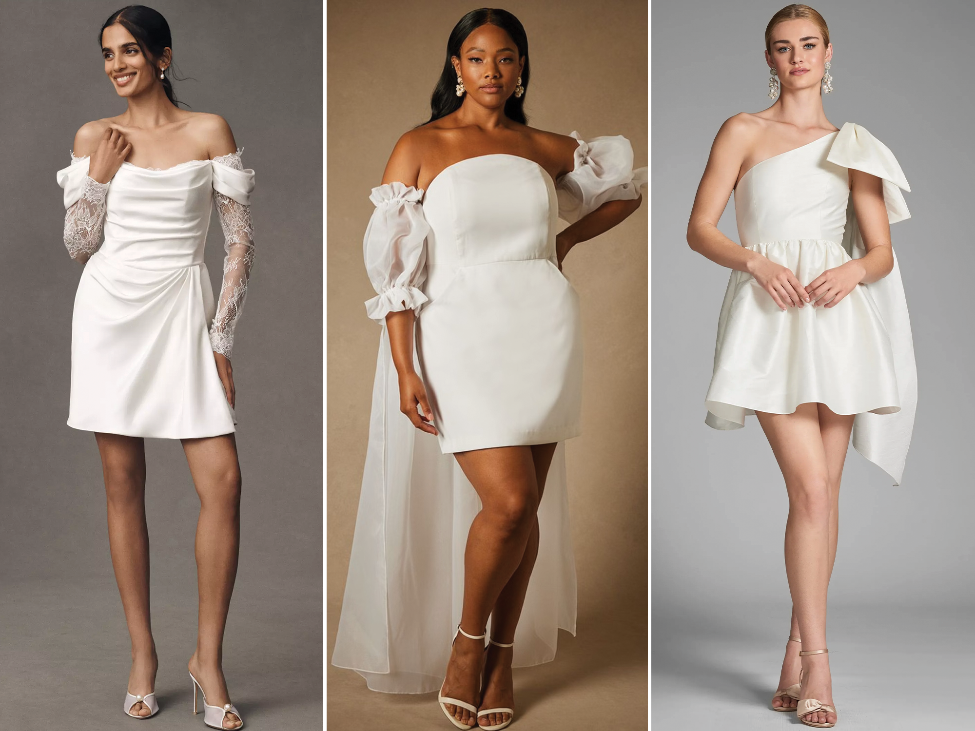 Collage of models wearing short wedding dresses