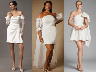 Collage of models wearing short wedding dresses