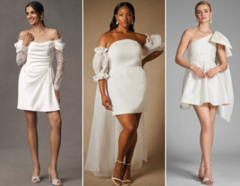 Collage of models wearing short wedding dresses