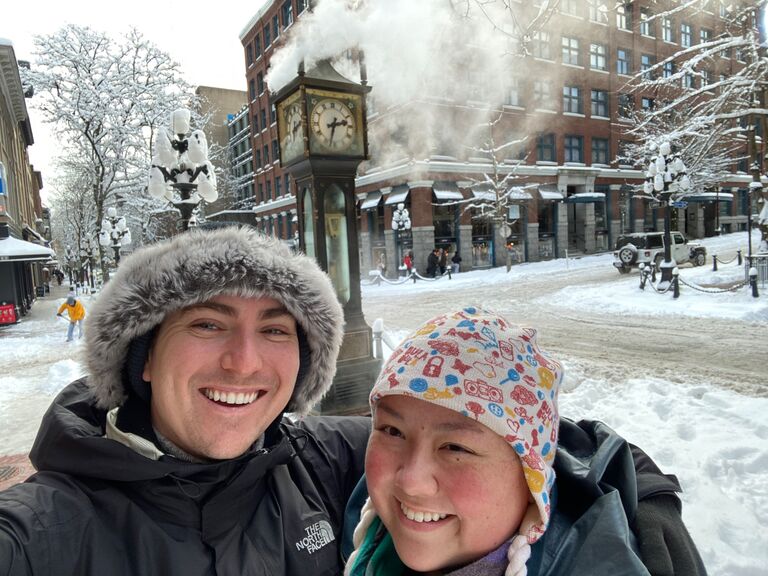 Joe and Tori at the world famous Gasworks Steam Clock in Vancouver.