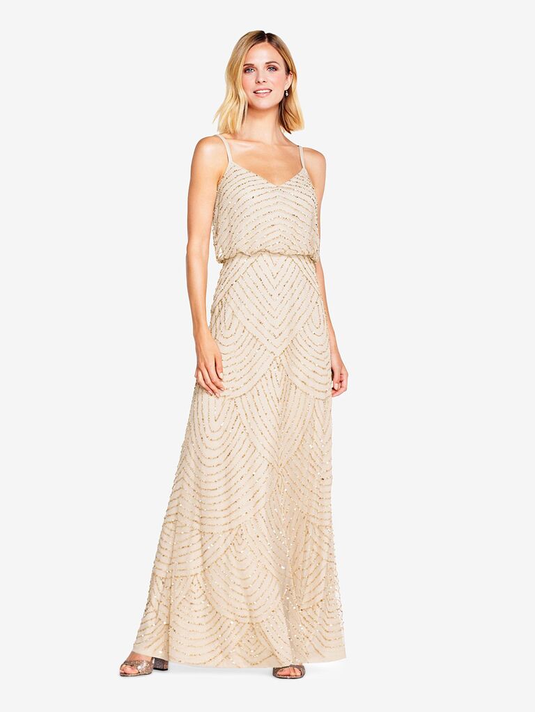 adrianna papell champagne gold beaded bridesmaid maxi dress with v-neckline