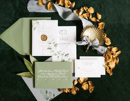 gold and green wedding invitation suite