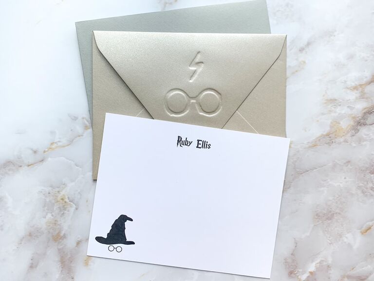 Simple thank-you card with personalized name and Sorting Hat graphic with glasses and lightning bolt embossed on envelope