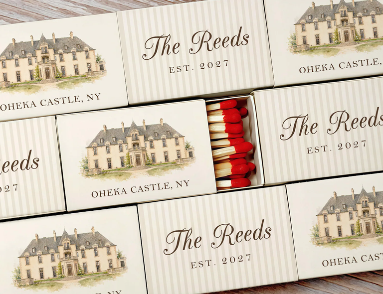 Custom wedding matchboxes with an illustration of a wedding venue and the couple's new family name and established date