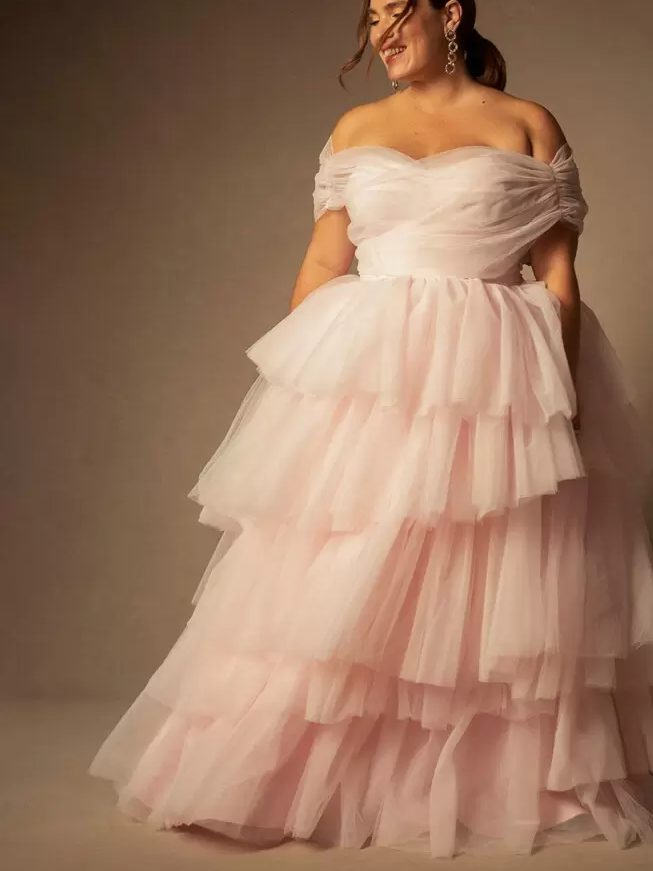 Bridal by ELOQUII strapless tulle blush pink wedding gown
