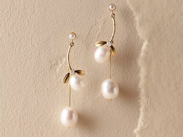 Two dangling pearls on gold vine style earrings