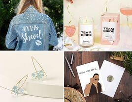 Gifts ideas for bride-to-bes like a personalized denim jacket, Team Bride candle, something blue earrings and a funny engagement card