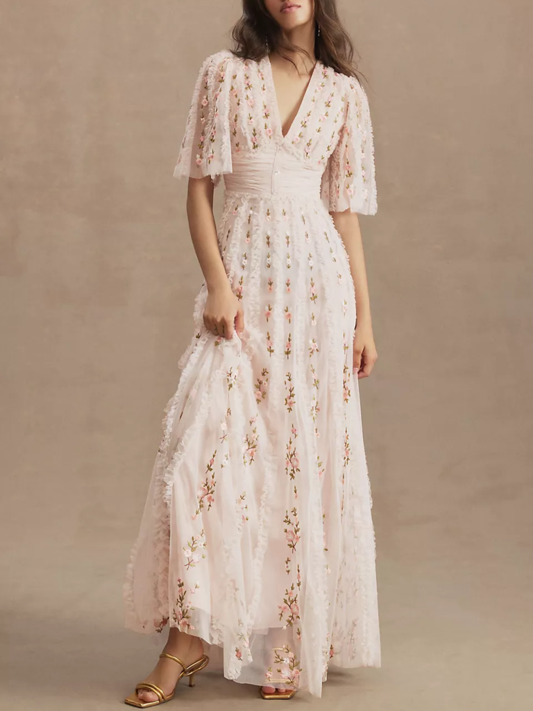 Mac Duggal floral ruffled blush pink wedding gown