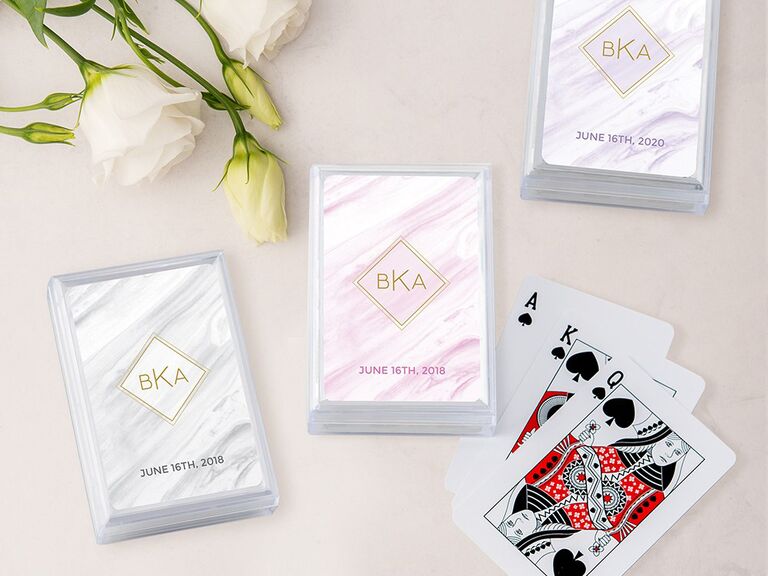 Custom playing cards with marble design holder and couple's monogram
