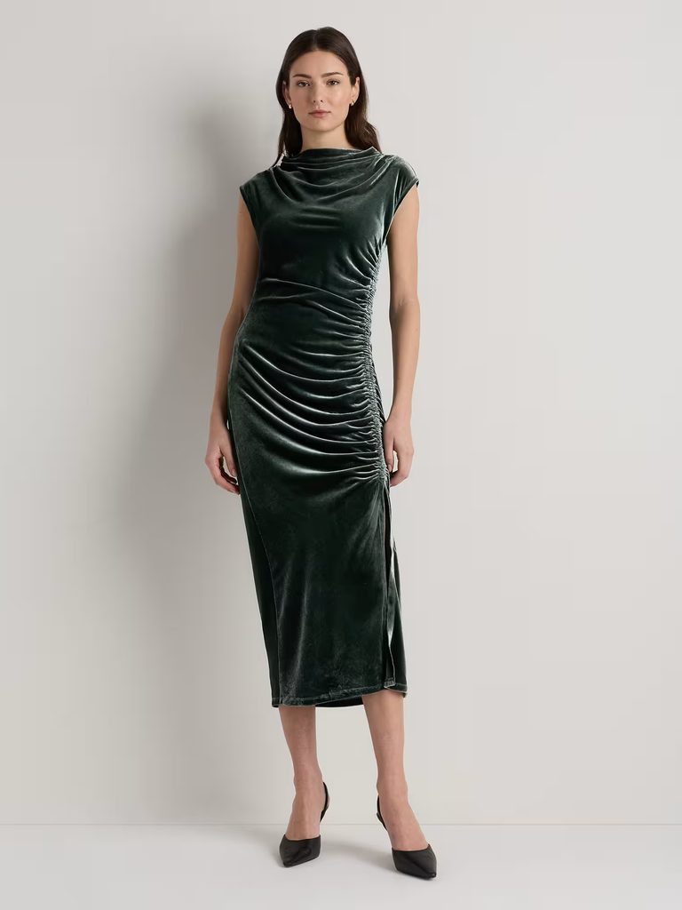 Velevet mock neck midi wedding guest dress winter from Quince