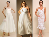 Three white rehearsal dinner dresses