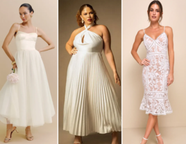 Three white rehearsal dinner dresses