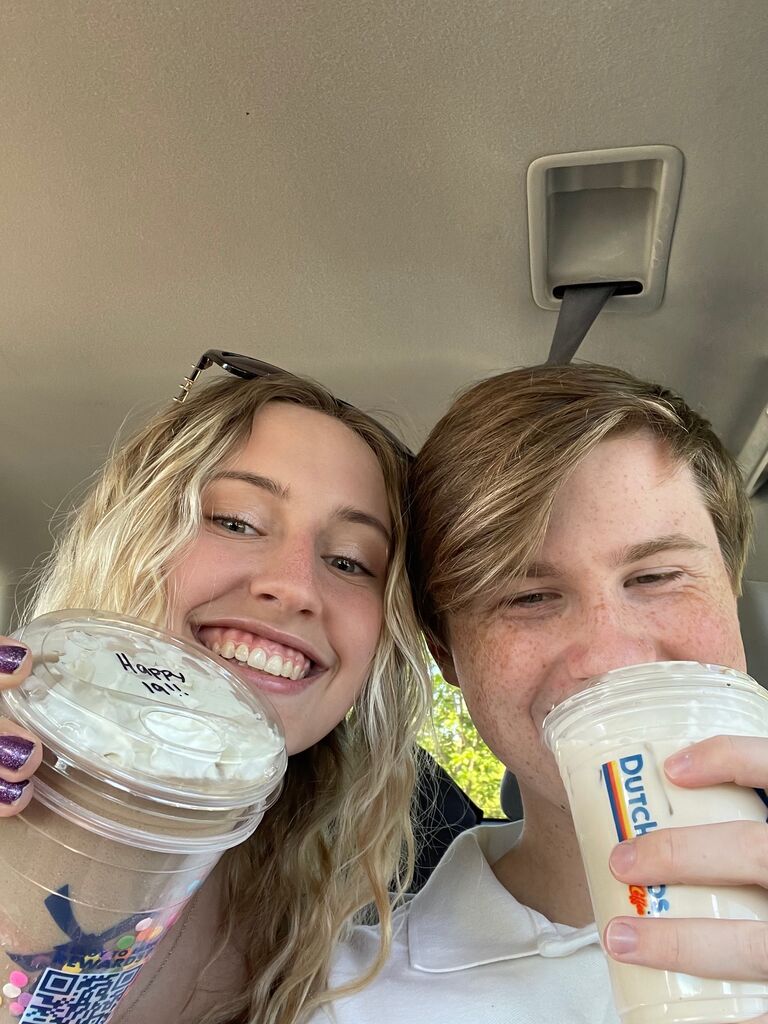 Our first birthday week together! Our birthdays are five days apart, so this would be the first of many co-birthday celebrations in our future. Here we had just picked up our birthday drinks! 