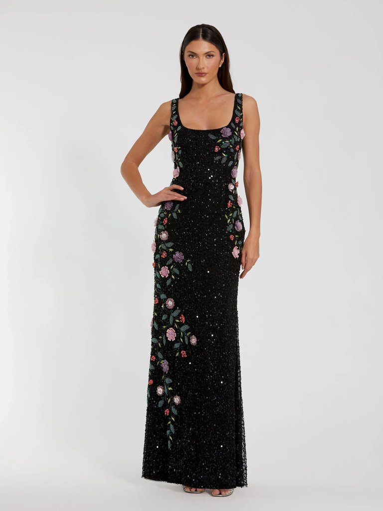 Mac Duggal black floral wedding guest dress