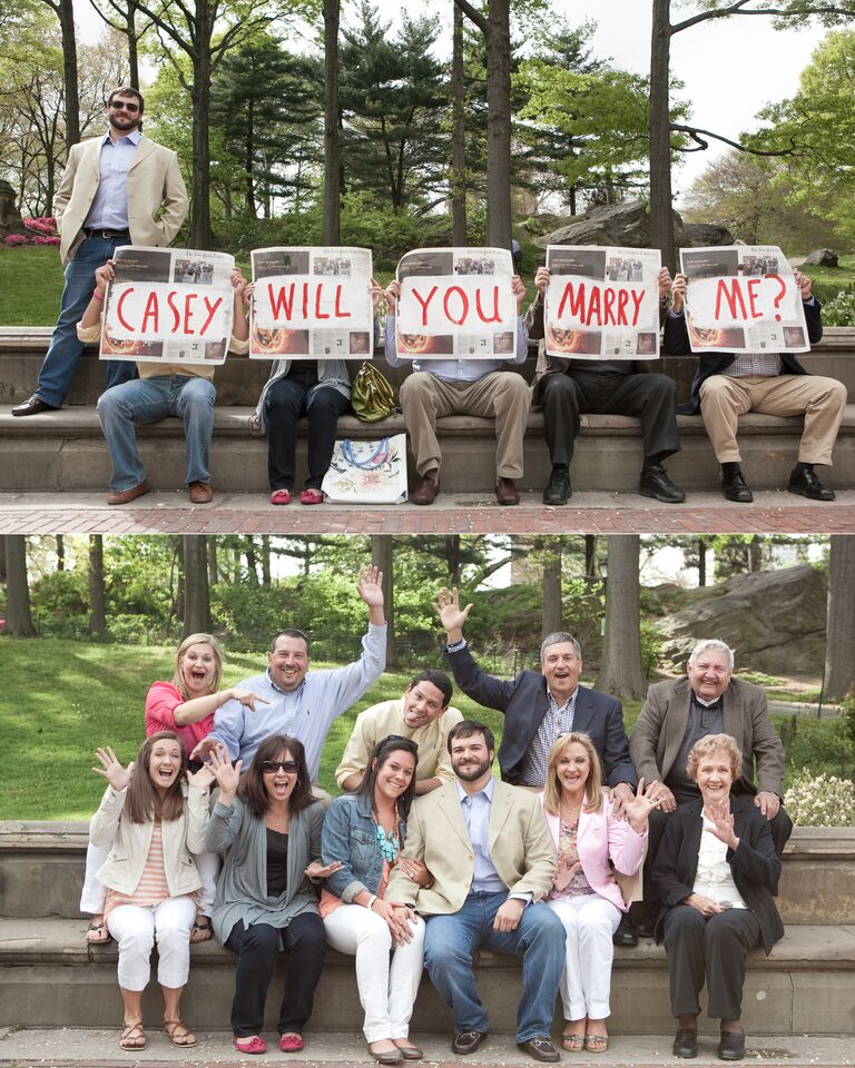 Newspaper marriage proposal with surprise family guests