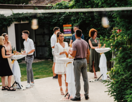 Guests mingling at engagement party