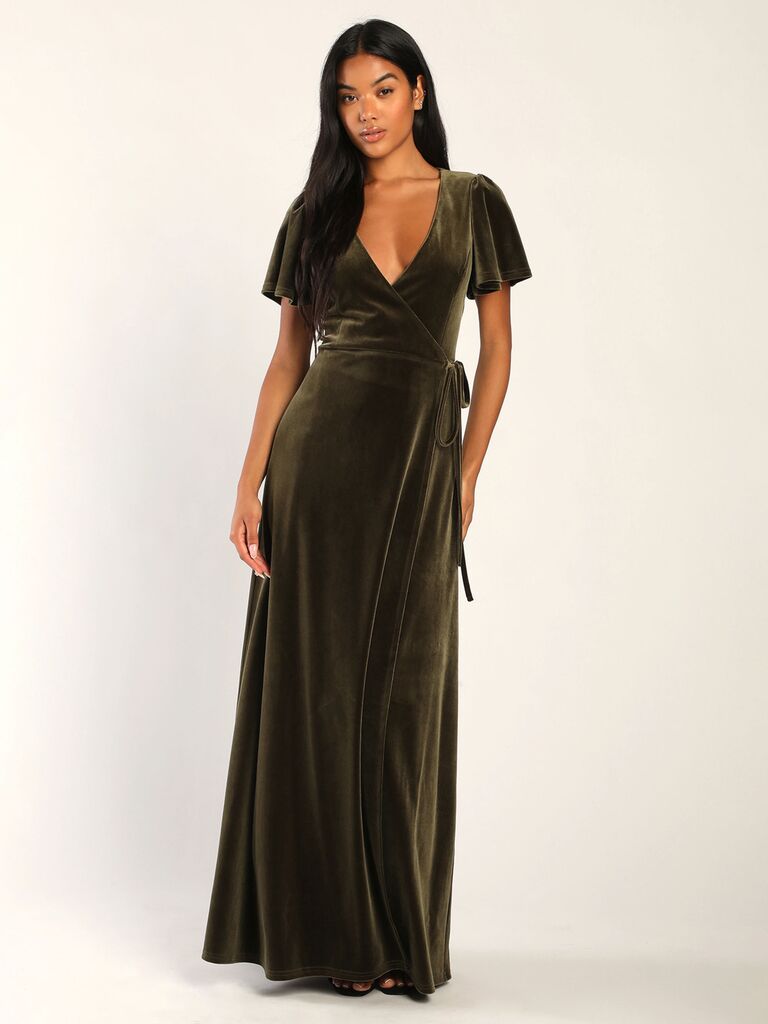 Lulus budget-friendly velvet bridesmaid gown for fall and winter weddings in dark olive