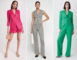 Collage of three wedding pantsuits. 