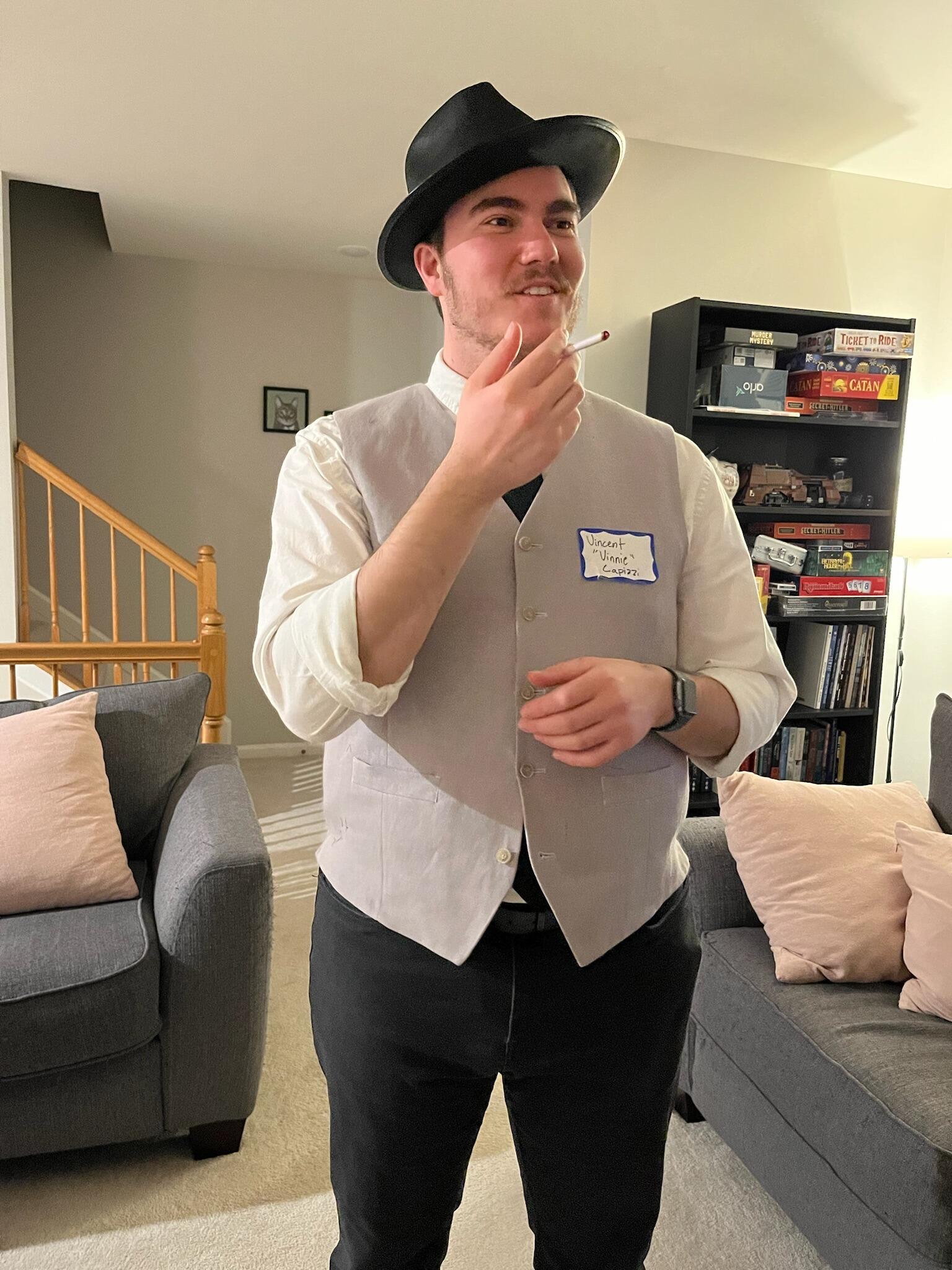 Josh looking dapper at Alex & Morgan's murder mystery party