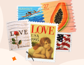 Collage of various stamps for wedding invitations