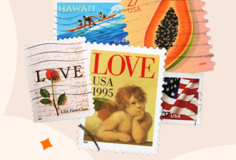 Collage of various stamps for wedding invitations