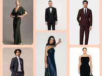 Collage of formal wedding guest outfits