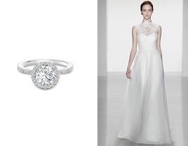 round cut engagement ring and Christos wedding dress